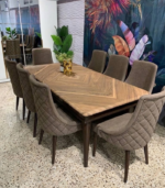 Luxury 8-Seater Walnut Dining Table Set with Diamond-Tufted Velvet Chairs