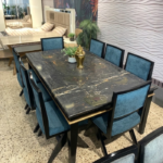 Luxury 8-Seater Black Marble Top Dining Table Set with Teal Blue Velvet Chairs