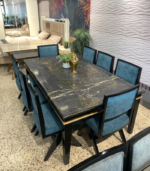 Luxury 8-Seater Black Marble Top Dining Table Set with Teal Blue Velvet Chairs