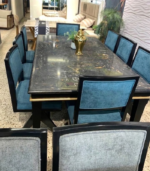 Luxury 8-Seater Black Marble Top Dining Table Set with Teal Blue Velvet Chairs - Image 2