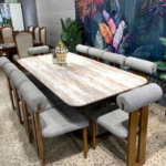Modern 8-Seater Whitewashed Marble Top Dining Table Set with Bolster Backrest Chairs