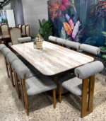 Modern 8-Seater Whitewashed Marble Top Dining Table Set with Bolster Backrest Chairs