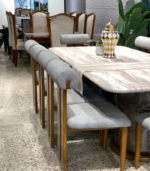 Modern 8-Seater Whitewashed Marble Top Dining Table Set with Bolster Backrest Chairs - Image 2