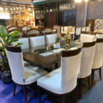 Luxury 8-Seater Glass Top Dark Walnut Dining Table Set with Cream High-Back Chairs