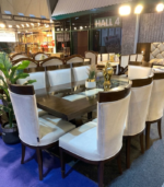 Luxury 8-Seater Glass Top Dark Walnut Dining Table Set with Cream High-Back Chairs