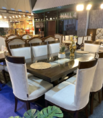Luxury 8-Seater Glass Top Dark Walnut Dining Table Set with Cream High-Back Chairs - Image 2