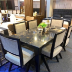 Modern 6-Seater Black Gold Marble Top Dining Table Set with Grey Upholstered Chairs