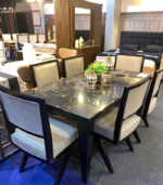 Modern 6-Seater Black Gold Marble Top Dining Table Set with Grey Upholstered Chairs