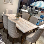 Luxury 6-Seater Beige Marble Top Dining Table Set with Diamond-Quilted Chairs