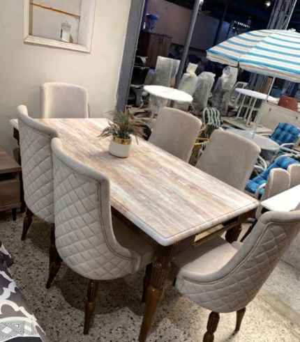 Luxury 6-Seater Beige Marble Top Dining Table Set with Diamond-Quilted Chairs