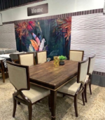 Classic Solid Wooden 6-Seater Dining Table Set with Beige Upholstered Cross-Back Chairs