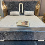 Luxury Charcoal Velvet King Size Bed Set with LED Headboard & Built-In Sconces