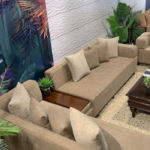 Modern L-Shaped Textured Fabric Sectional Sofa with Integrated Wooden Console Console Table