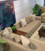 Modern L-Shaped Textured Fabric Sectional Sofa with Integrated Wooden Console Console Table