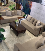 Modern L-Shaped Textured Fabric Sectional Sofa with Integrated Wooden Console Console Table - Image 2