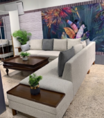 Modern U-Shaped Bouclé Sectional Sofa with Integrated Wooden Armrest Tray & Wooden Legs
